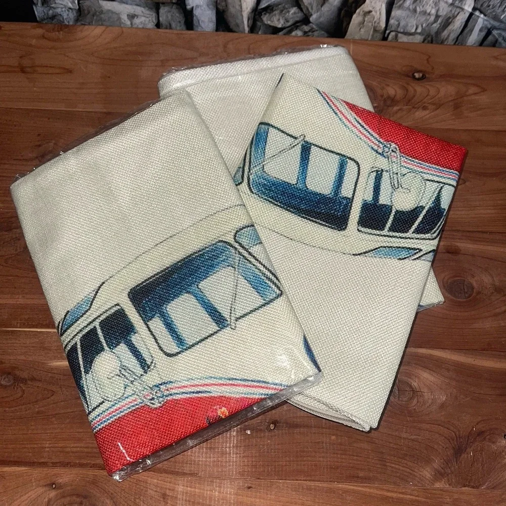 VW BUS Canvas Throw Cover Pillows Cars Surf Beach Zipper Closure Two Covers